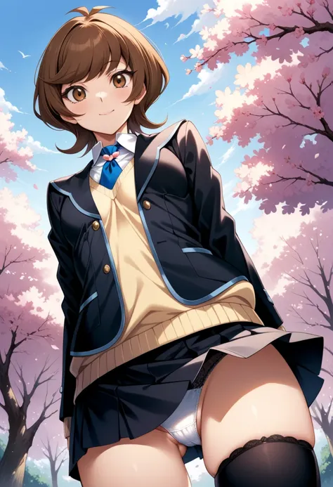 (masterpiece, best quality, very aesthetic, ultra detailed), intricate details, 4k, aaaoi, short hair, brown hair, brown eyes, small breasts, school uniform, blue necktie, blazer, blue jacket, yellow sweater, long sleeves, pleated skirt, black skirt, black...