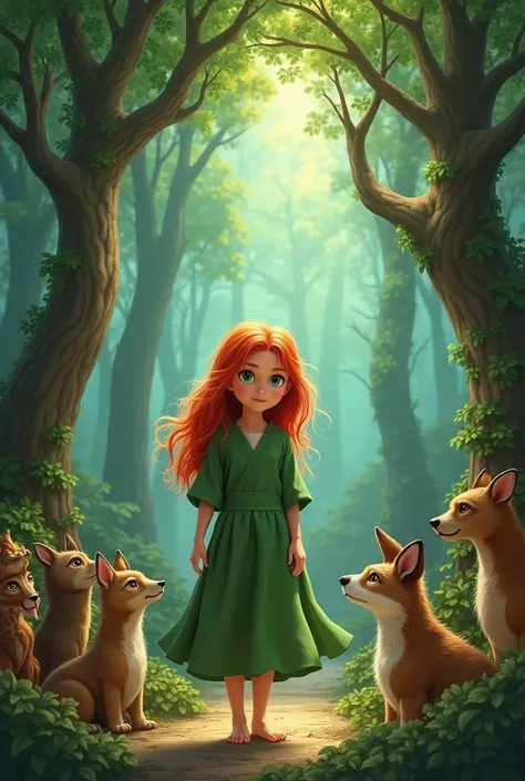 Realistic puppet theater, One is a girl with red hair and green eyes barefoot green tunic, Are the other puppets animals, In the background of the theater there is a magical forest