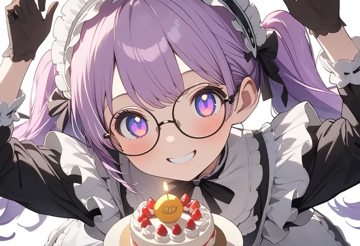 Long purple hair ,  I'm wearing a maid outfit, round glasses, Round eyes 鏡, Front Light ,Cute 2D, White background, Front lighting 、( to show your lower belly、masterpiece、 high resolution、 Details)、animeスタイル、 Flat Style 、(Shining Eyes、 Details美しい顔),  in th...