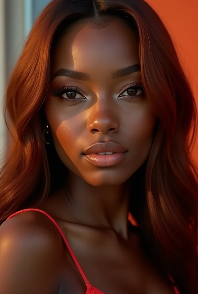  Ultra-realistic portrait of a stunning black woman with dark and shiny skin, intense amber eyes and long hair , smooth and vibrant red.  She has flawless makeup with perfectly drawn eyebrows ,  long lashes and bright nude lipstick .  The soft lighting hig...