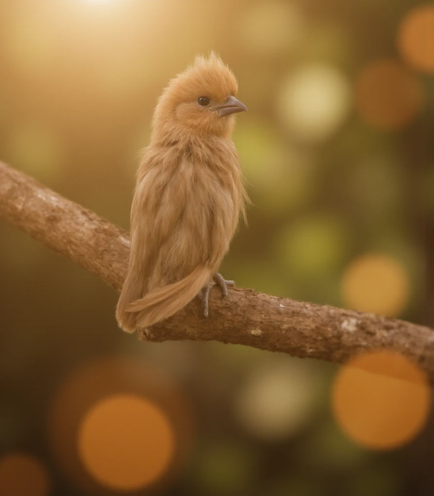 A mesmerizing close-up portrait of a gorgeous little bird illuminated by the soft, golden light of a tranquil morning, with vibrant bokeh balls gently framing its delicate form.