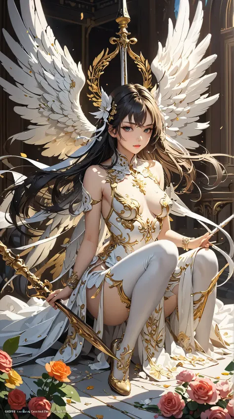 ((  top quality)),(  super high resolution),(  very detailed),(   detailed explanation  ),((  best CG  )),(  Best Artwork  ), Ultra-precise art,  amazing painting art that sticks to the body,(Exquisite art:1.5),   Female Angels, Holy spear with ribbon, Ang...