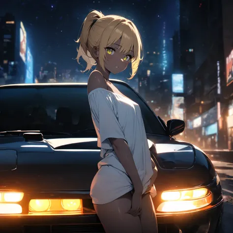 A beautiful woman poses beside a tuned MAZDA RX7,  matte brown skin ,  small breasts, yellow hair,  ponytail , loose shirt  、 Big City Night View、 beautiful starry sky、 movie light effects, fluorescence,  Masterpiece,  top quality,  textured skin, 