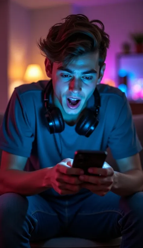 A young man sitting on a couch, intensely focused on his smartphone, gripping it tightly with both hands. His face shows excitement and thrill—eyes wide open, mouth slightly agape, and eyebrows raised. The room is dimly lit with a soft glow from the phone ...