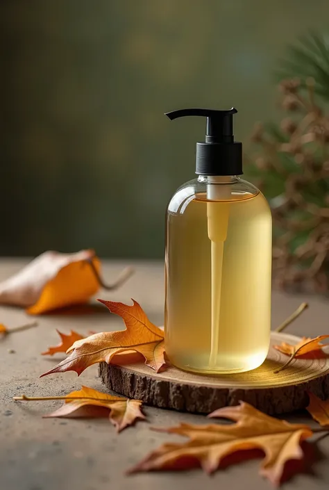 One bottle of liquid soap made from larch leaves sits on the table, around it there are several scattered leaf blades of loam. detail,  photography, realist.