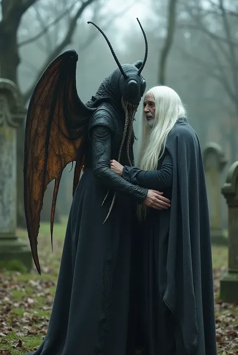 Take a photo of a 2-meter tall standing winged insect , whose mouth consists of vieken short tentacles .  It hugs an old bony magician with long straight white hair and dark gray cloak. The two are standing in a graveyard .