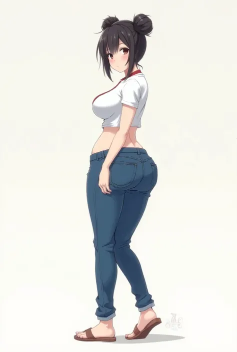 Anime girl in jeans, white t-shirt with an open belly, large booty and large breasts, two hair bun, sandals 