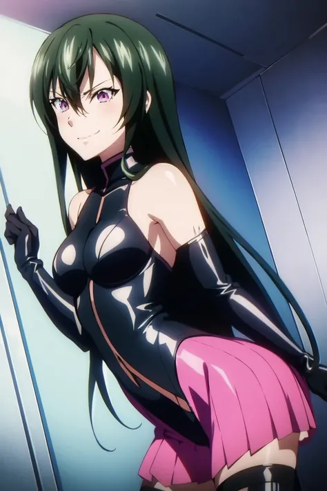 highly detailed, anime_source, anime_screencap, anime coloring, 1girl, solo, long hair, bangs, skirt, shirt, black hair, hair between eyes, pink eyes, kiriha_kisaki, bare shoulders, black enamel and shiny clothes, bondage, dominatrix,　high leg leotard, pea...