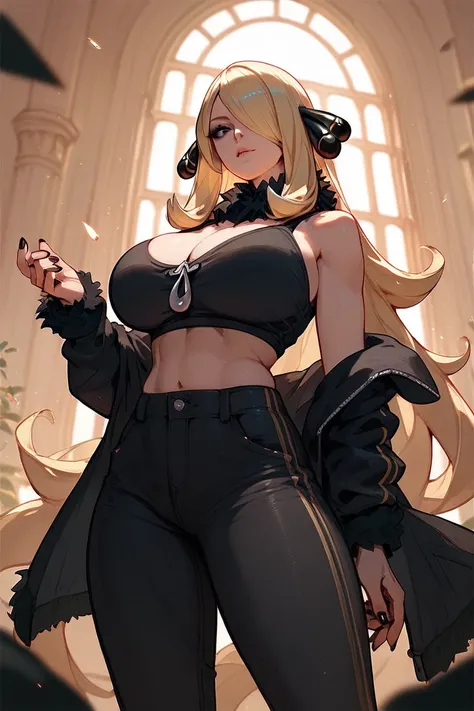 pokemon,Cynthia,black nails, big breasts, black pants