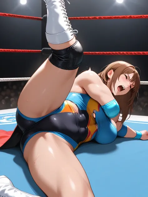 Female professional wrestler, Japanese, veteran, professional wrestling match, loses, collapses, costume is torn, crotch is violently stepped on