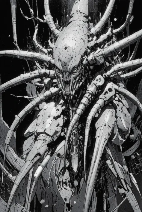 monster with two thin arms, muzzle, spider-ant face, thin body, elongated hind body, with four legs, mutant, ant-spider, monster, horror, manga, grayscale, mutant insect, mutations, abomination, bright glowing eyes, many eyes,