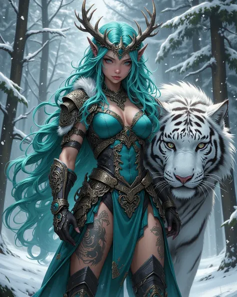 Fantasy-themed digital artwork featuring a fierce female warrior in a snowy forest. She has fair skin, piercing blue eyes, and long, wavy turquoise hair adorned with a crown of antlers. Her outfit is a detailed, teal-colored leather armor with intricate de...