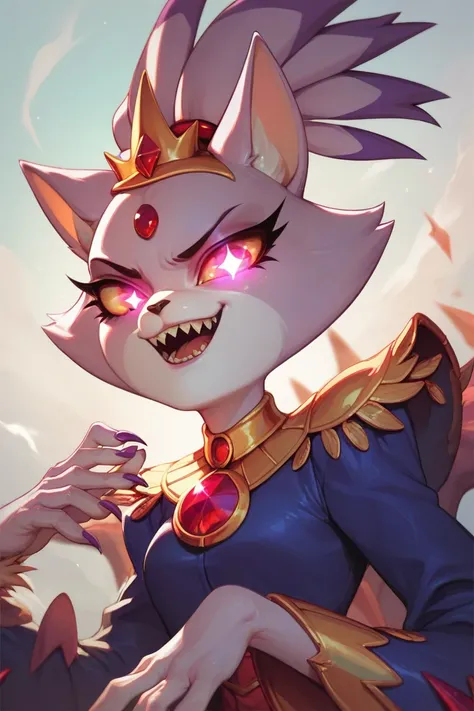 Blaze the cat, glowing eyes, Sharp teeth, horns, wings, wearing a Crown 