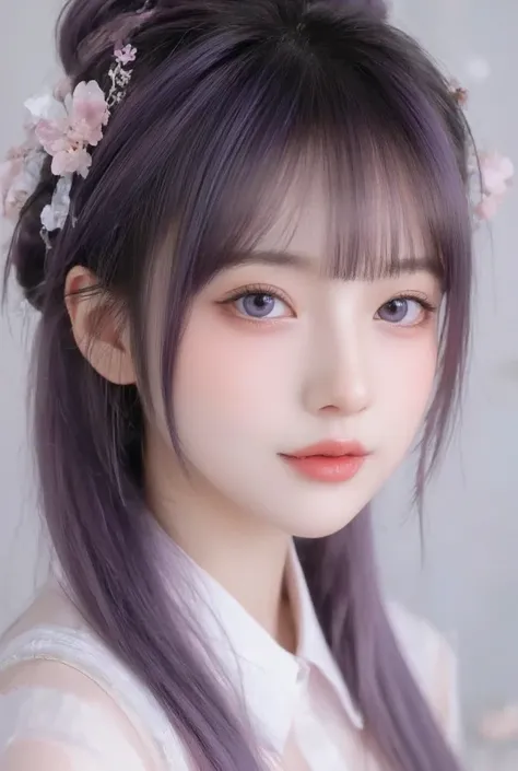 Girl with long, dark violet-lavender hair, with lavender eyes. Cute, Chinese, with makeup, with bangs. hair in a bun. cute