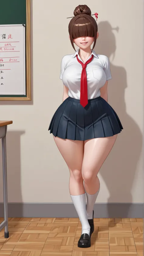 female, cute, school girl, sexy, school building, inside, inside the classroom, wearing school uniform, school socks and shoes, chocker, bangs over eyes, massive tits, hair in a bun, hair pins, ultra wide hips, massive tits, in front of class, teacher near...