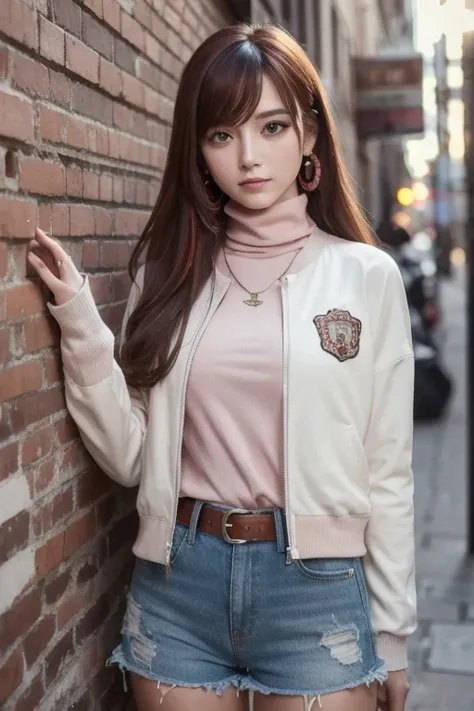 (Masterpiece,  best quality ,  1 girl, Alone,  intricate details,  Color Difference),  realistic, ((Moderate breathing)), long hair, Red Hair, red decoration on the head ,  pink highlights,  amber eyes ,  earrings, Sharp Eye,  necklace, Fluorescent shirt, ...