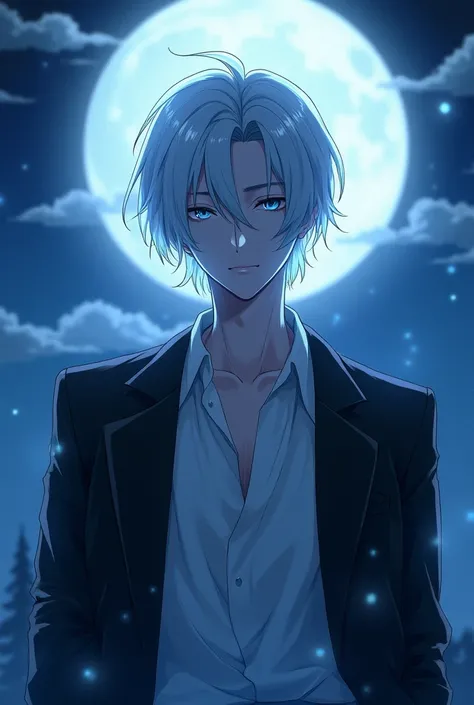 In the moonlight night a silver-haired man with bright blue eyes in a white shirt and wearing a black anime-style jacket