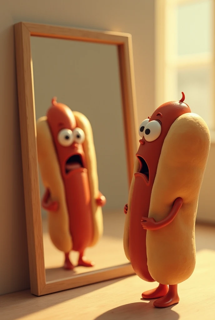 Hotdog that is looking in the mirror and shocked
