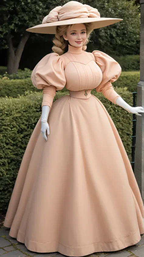 A slutty 15yo blonde thot of the 1890s. Year 1897. ((Wearing high-collar peach-colored ruffled gown with long puff sleeves and wide-brimmed hat)), white gloves, waistband, petticoats, silk stockings and boots peeking out beneath her skirt. (((Impossible ho...