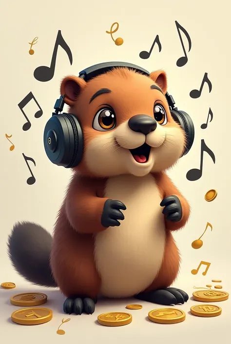 Draw a beaver with note shapes around the headset with coins flying around and listening to music with headphones