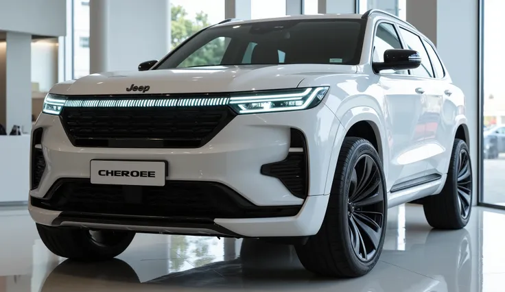 A never-before-seen futuristic 2025 Jeep Grand Cherokee SUV with a groundbreaking design, displayed in a well-lit showroom with natural light streaming through large windows. The SUV has a sculpted aerodynamic body with ultra-smooth curves and an aggressiv...