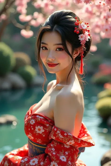 Belle femme japonnaise très très belle, avec une belle poitrine, elle se trouve dans un jardin japonnais, elle a un beau décolleté, elle sourit, 