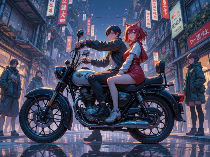 ((cute cat-ear girl with short wine-red Hair smiling cheerfully wearing girly clothes) and (boy, short black hair,human) riding double on retro motorcycle) at beautiful Rainy crowded street, ground level shot from side, tilt shot, Hand-drawn art, Dark Colo...