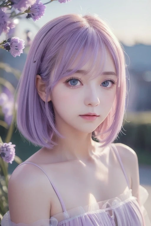 ((Masterpiece, best quality )),(Negative Space :1.4),( 1 girl, Alone:1.4),  beautiful eyes in every detail  , Floating Pastel Pink and Lavender Hair,  lavender eyes , At night, Starry Sky, Shining Star