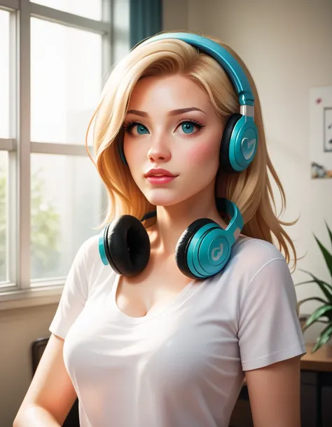 Woman listening to music out the window on a clear day while recovering from today　  anime style　  headphones