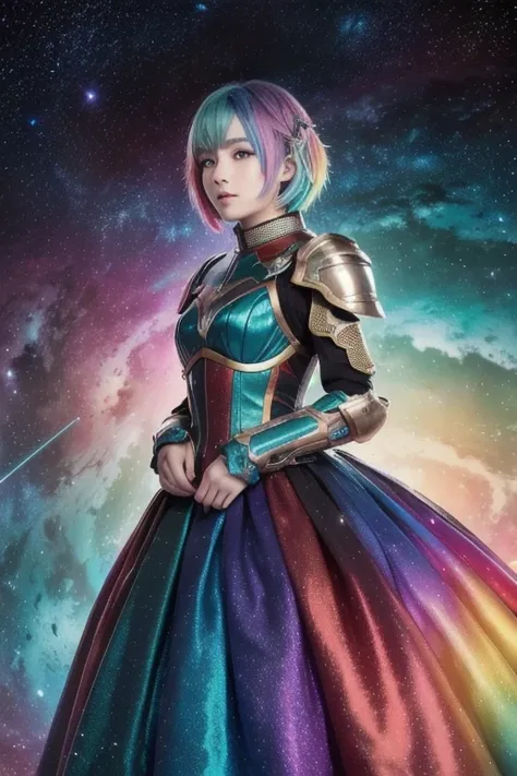  woman with rainbow-colored hair and detailed teal dress armor,  standing, Rainbow colored space nebula background, star, Milky Way,  intricate detail ,  Perfect Face 