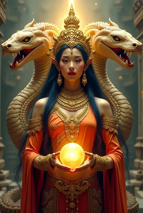 A mystical Southeast Asian goddess with a Naga (serpent) body, wearing an intricate golden headdress and ornate jewelry. She holds a glowing orb in her hands, symbolizing wisdom and power. Behind her, three large serpentine Naga heads rise, their fierce ex...