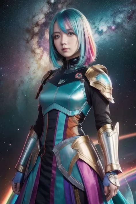  woman with rainbow-colored hair and detailed teal dress armor,  standing, Rainbow colored space nebula background, star, Milky Way,  intricate detail ,  Perfect Face 