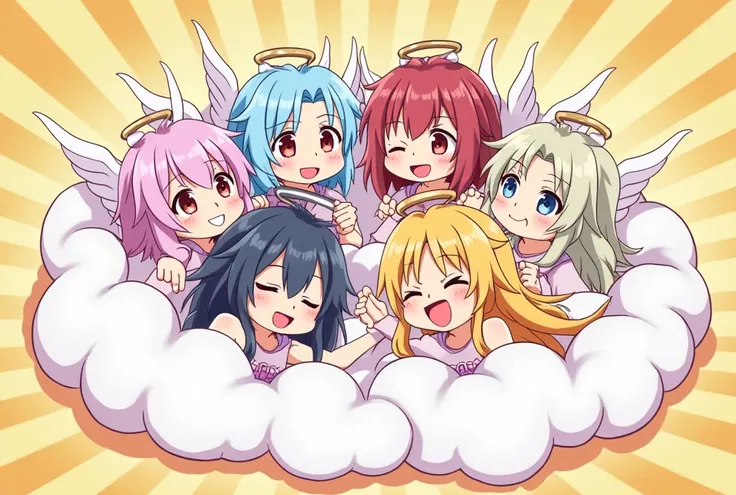 An anime-style illustration depicting many angel-girls playfully wrestling with each other inside a sweet comical fight cloud.
each angel-girl has different colored hair.
their faces,hands,and feet are visible emerging from the cloud as they tussle humorou...