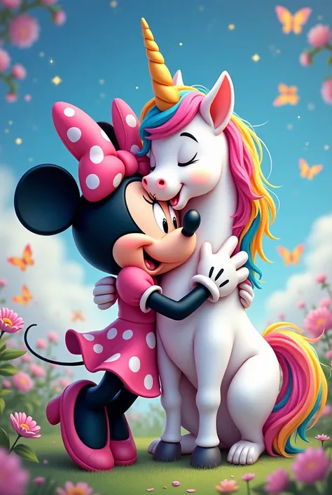 Cartoon of Minnie hugging a unicorn 