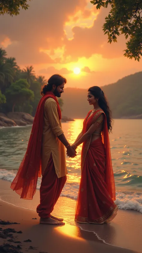 An indian man and an indian woman departing ways leaving hands on sea shore sad, with forest and sunset in background 