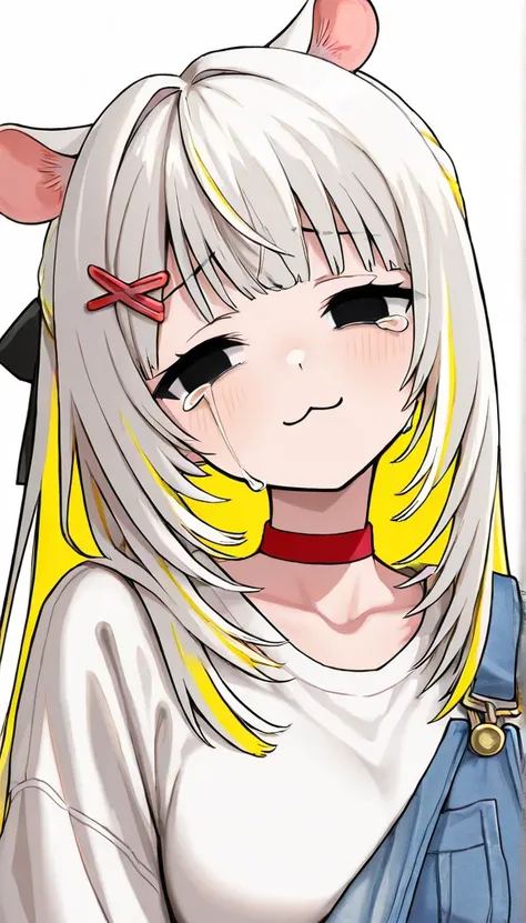  long yellow hair , 非常に  long hair,  straight perm, bangs, (((bangsに赤い蝶のヘアクリップ))),  black eyes,  New Look,   long hair,  white hair, white inner hair , ：3,   oversized clothes, Black Ribbon,  wearing jeans , white background,   adult woman1人,  adult woman,...