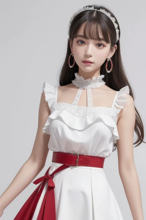  top quality , very detailed,masterpiece, ULTRA DETAIL,Alone,(Delicine eyes),(White background:1.3),red eyes, standing, belt skirt ,[trench coin:20],gem, mole_Down_eye,  in rot _in_viewer, Frilled_ headband, earrings for women with first name