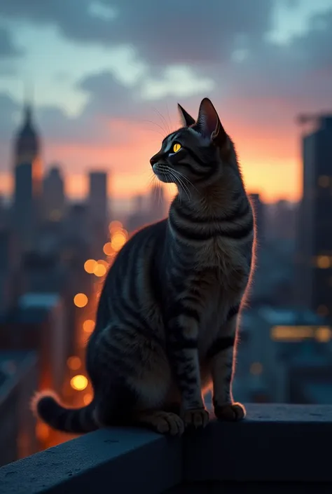 Dusk on a Rooftop Refuge: The cat perches on a rooftop, watching the city skyline at dusk, with a warm, golden light illuminating its face and highlighting its sense of freedom and temporary refuge from the challenges of city life.