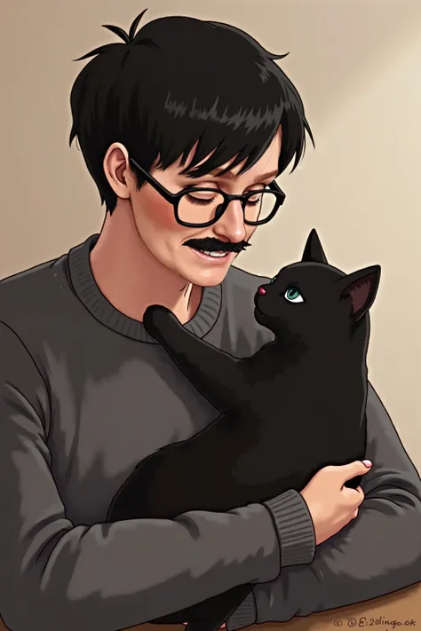 An image of a man with short black hair, a black mustache and glasses holding a black cat. He's wearing a grey sweater with love in his eyes