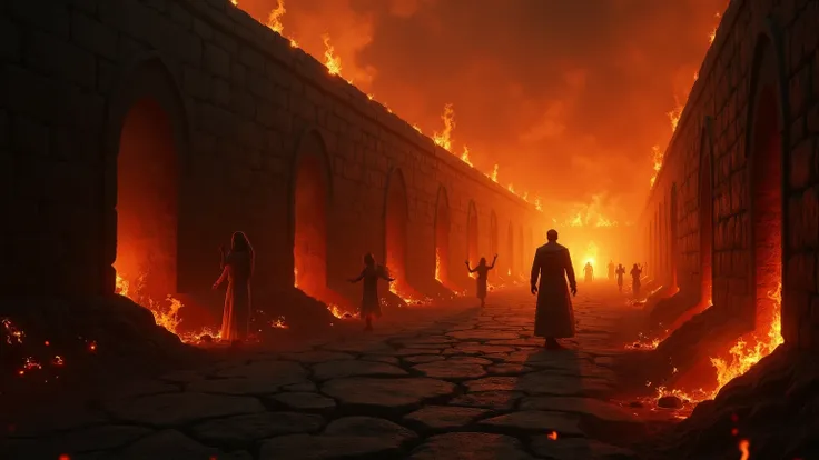 "A dark and terrifying vision of hell, with black stone walls stretching infinitely, engulfed in intense flames. The air is thick with suffocating heat, and the echoes of desperate screams mix with haunting hymns that strangely carry a melody of hope. Amid...