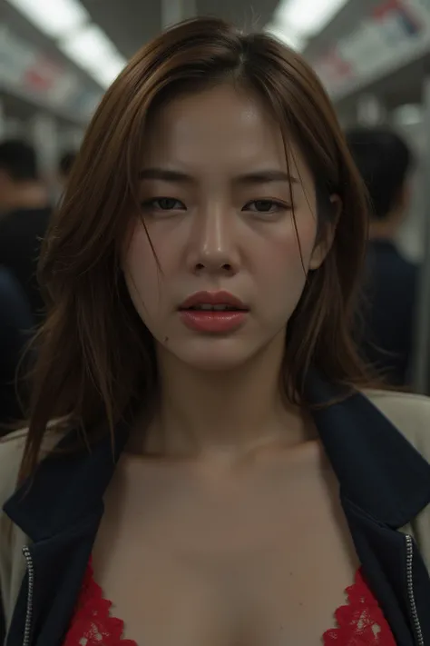   beautiful brown-haired woman  , Commuter trains in Japan,Crowded car interior,    Emmanuel wearing a jacket , ((   headback break screaming orgasm )) ,    sharp focus with eyes closed    , (   8k Ultra HD  :0.8),   super detailed  ,   RAW amateur photo  ...