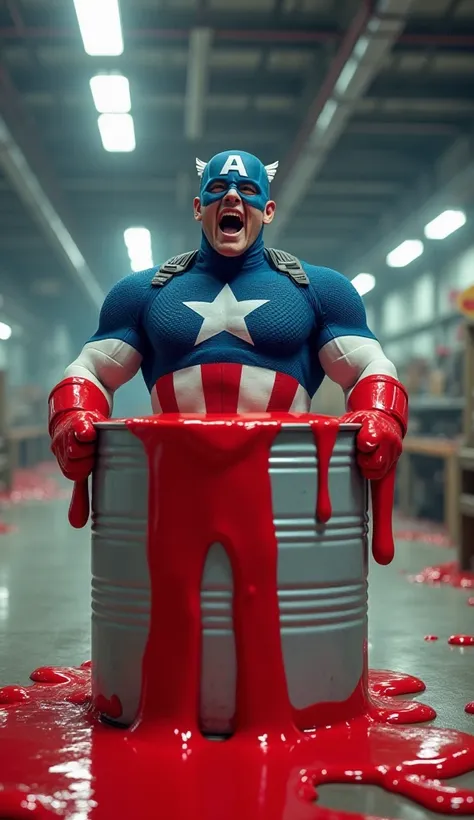 A muscular, light-skinned adult male, depicted as Captain America, is trapped in a large, overflowing container of bright, red goo.  He is positioned centrally in the image, inside the container, which is a light gray metal can. The character's expression ...