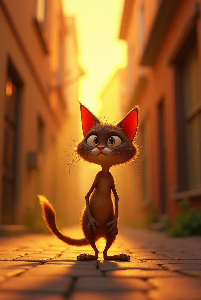 Golden Alleyway Escape: A scruffy, thin cat with matted fur stands out against a warm, golden-colored alleyway, created by the fading light of sunset, emphasizing its resilience in a difficult urban environment. 3D cartoon pictures 