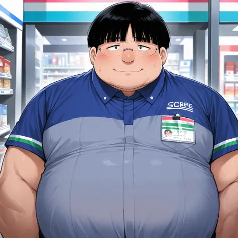 obese fat man,japanese,convenience store clerk uniform ,rimless glasses,black bob cut ,male focus ,round nose