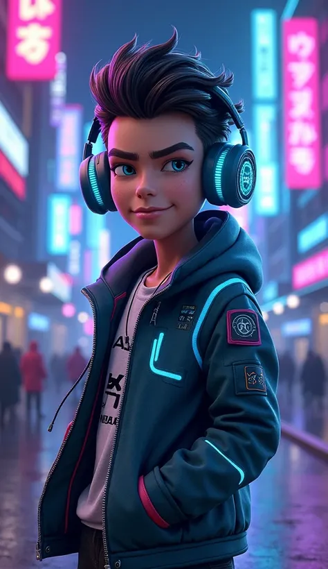 Create a highly detailed 3D-rendered image of Simon, a character from Incredibox's Sprunki mod. Simon has a futuristic, cyberpunk-inspired look with neon-blue highlights on his clothing and accessories. His outfit is a mix of streetwear and digital aesthet...