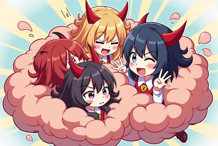 An anime-style illustration depicting many devil-girls playfully wrestling with each other inside a comical fight cloud.
each devil-girl has different colored hair.
their faces,hands,and feet are visible emerging from the cloud as they tussle humorously,  ...