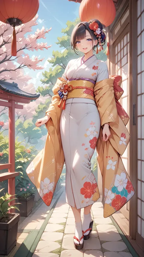 ( super high quality)full body, standing,  of a beautiful Japanese woman 、 kimono, 