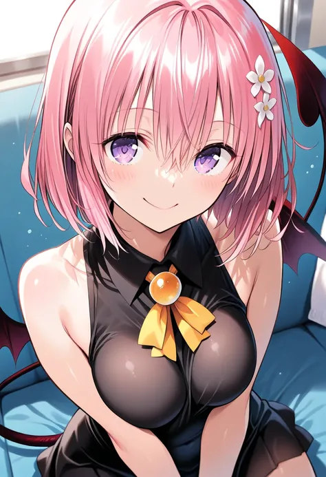   short hair 、 pink hair、 hair flower、 purple eyes、devil's tail、best quality ( best quality )、(Nonsense)、( very detailed)、( very beautiful way to hold ) information best quality 、 Ultra-fine、Most HD、 very detailed、masterpiece、 best quality 、{{ beautiful fa...