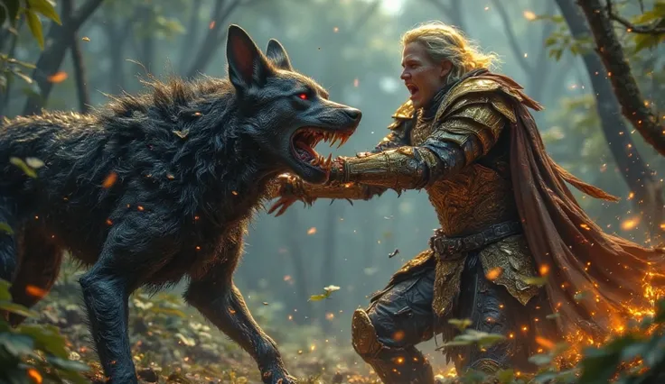 gray dog with red eyes . Biting the arm of a warrior in golden blond armor while screaming in pain in a forest with sparks and fire 