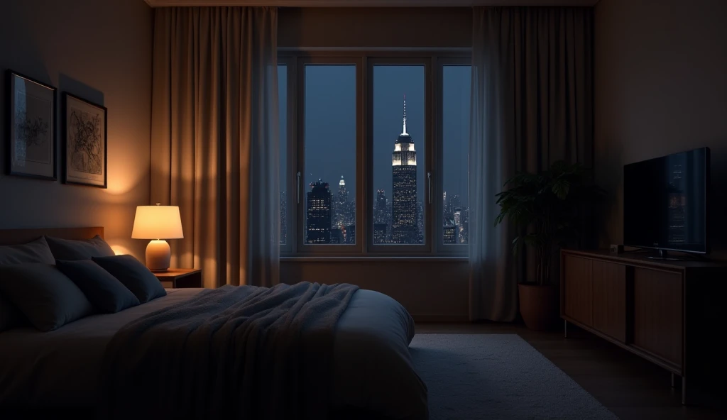 Prompt :
"A cozy and dimly lit bedroom at nighttime, featuring a large double window in the center with a clear view of the dark cityscape outside. The room has a warm and moody atmosphere, with soft lighting casting subtle shadows. On the left wall, sever...